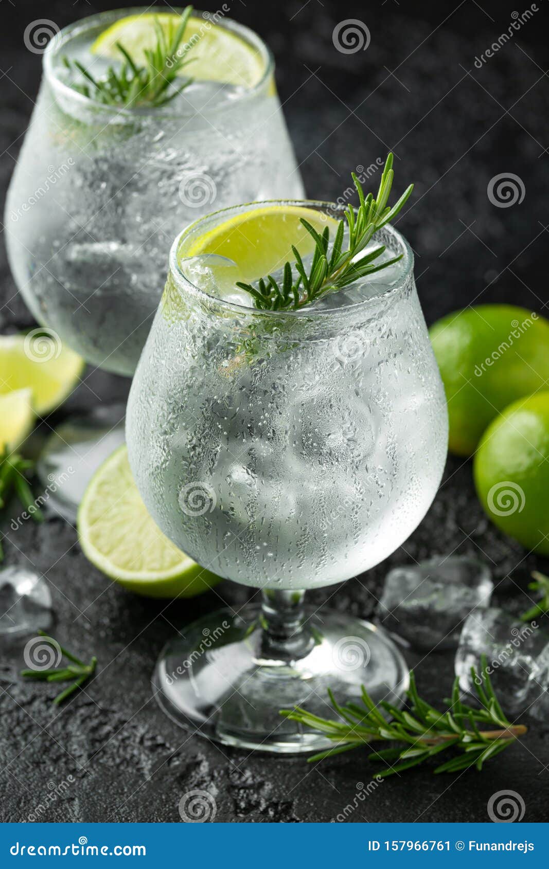 Gin and Tonic Alcohol Drink with Lime, Rosemary and Ice on Rustic Black