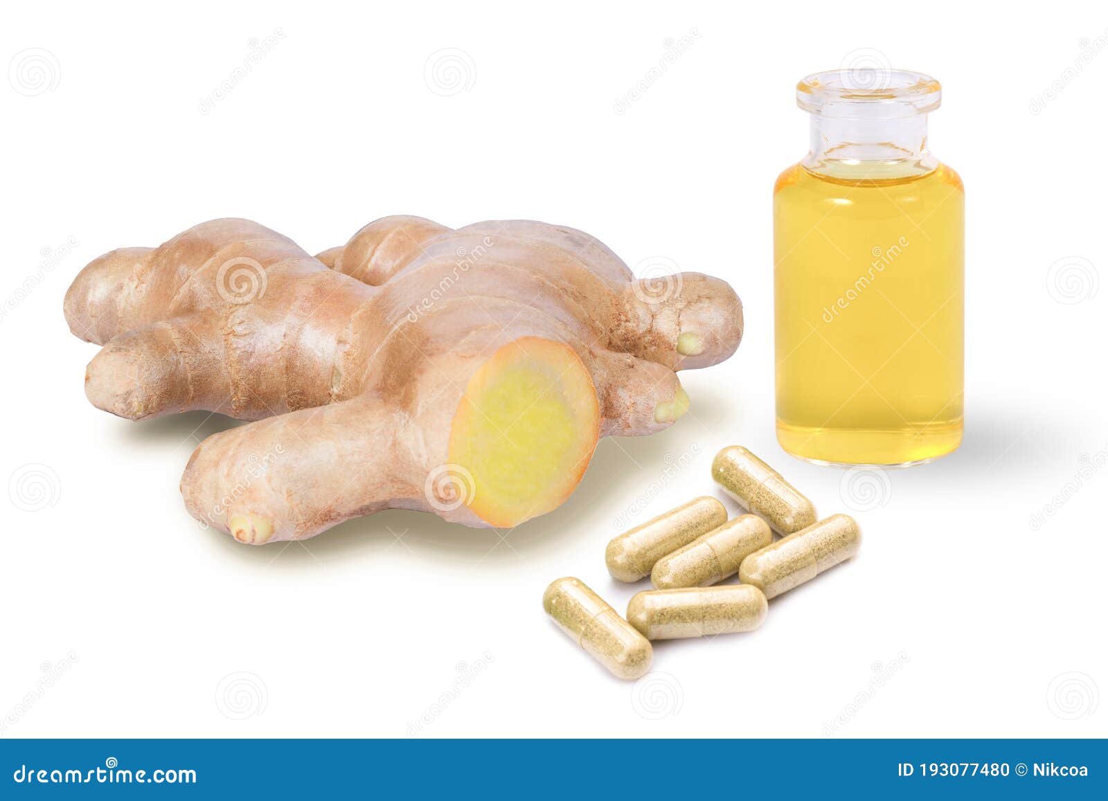 Ginger Oil and Ginger Powder Capsules Isolated on White Background