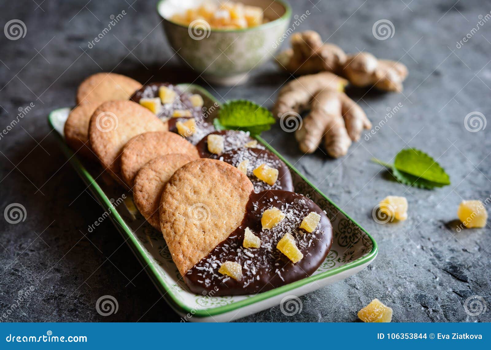 Ginger Biscuits Decorated with Chocolate and Pieces of Candied Ginger