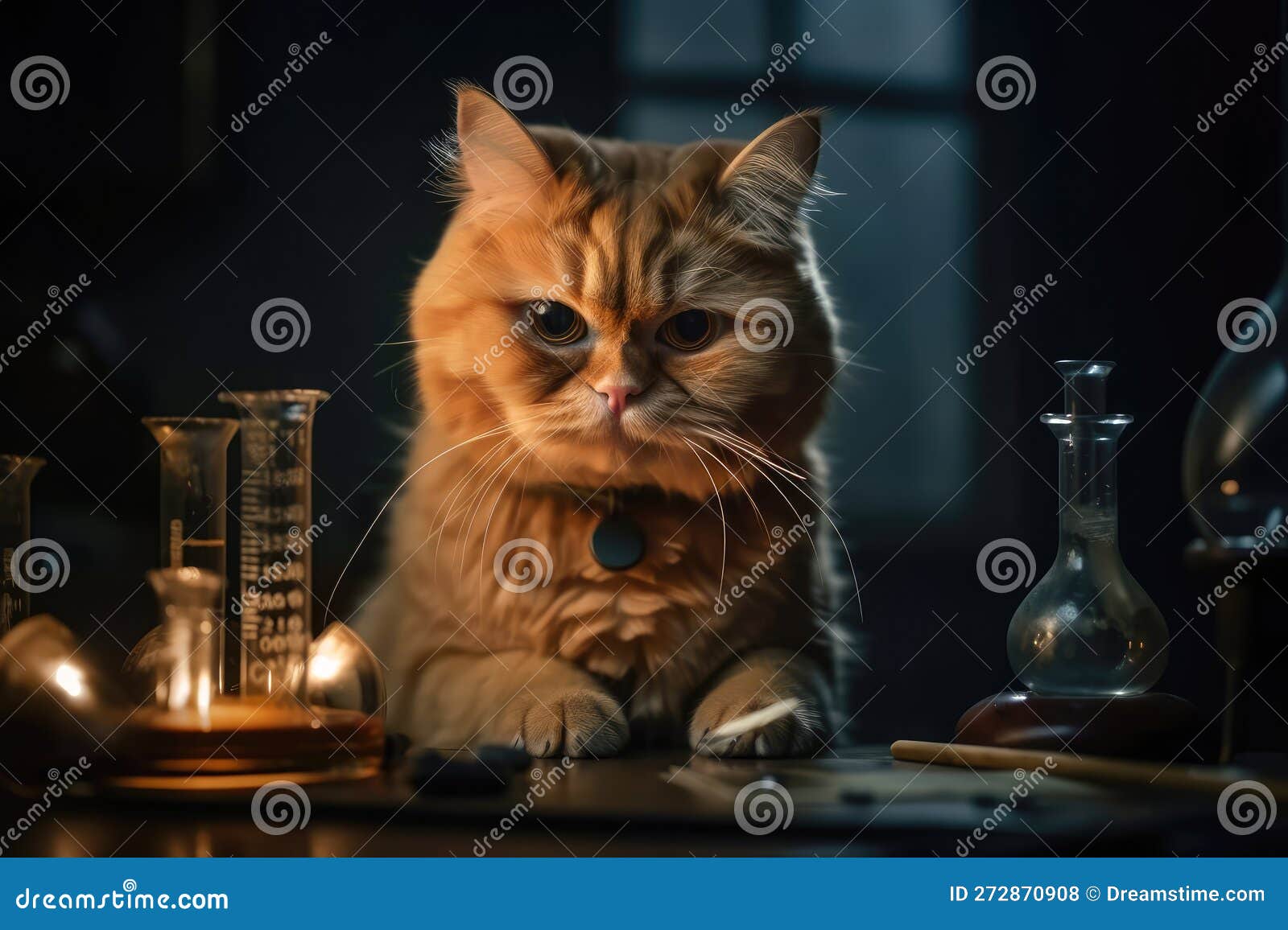 A Ginger Cat Scientist Sitting Behind a Laboratory Table with Test