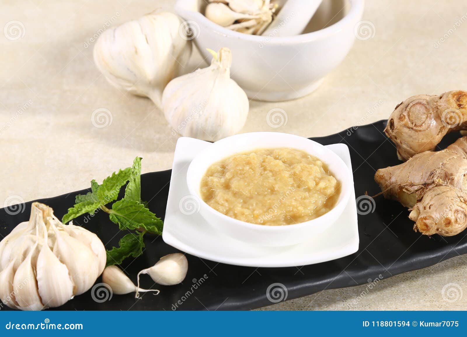 Ginger Garlic Paste with Mortar and Pestle Stock Photo Image of