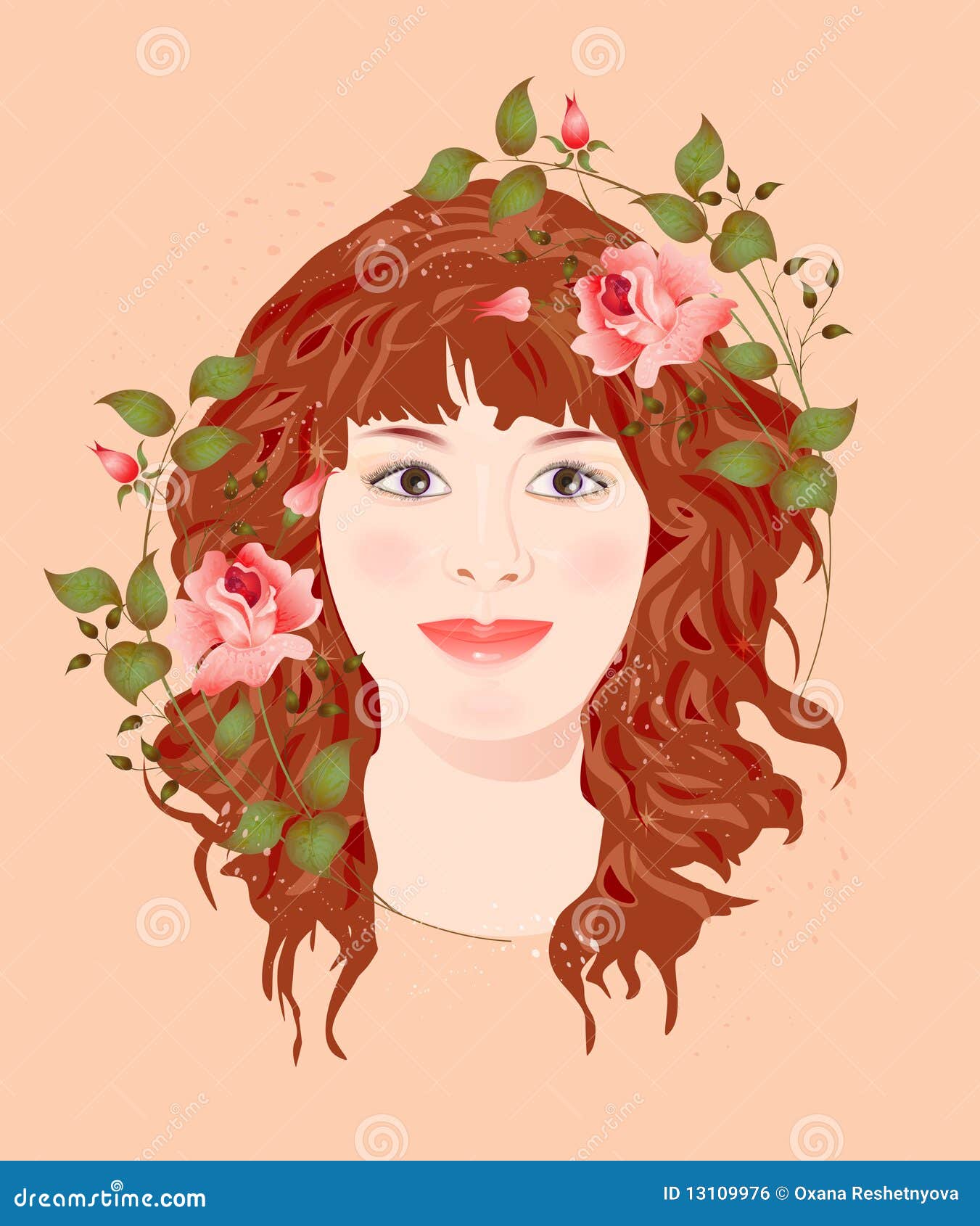 Ginger girl with roses stock vector. Illustration of frame 13109976