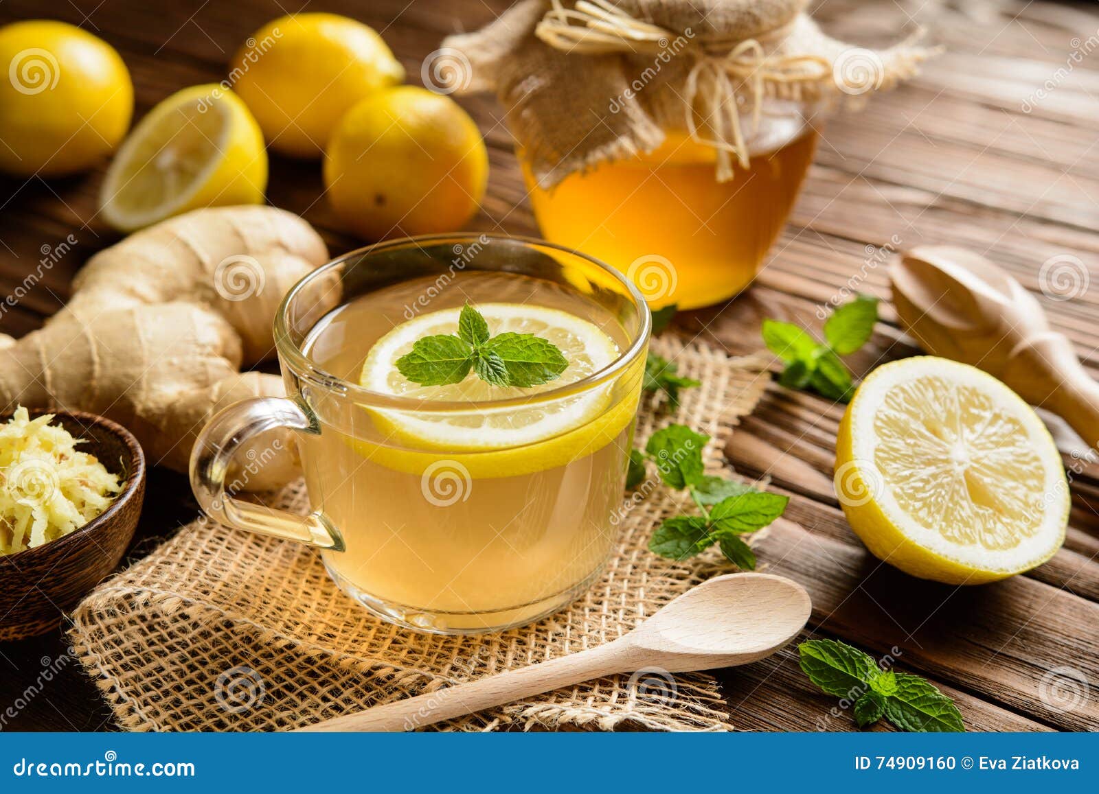 Ginger Root Tea with Lemon, Honey and Mint Stock Photo - Image of ...