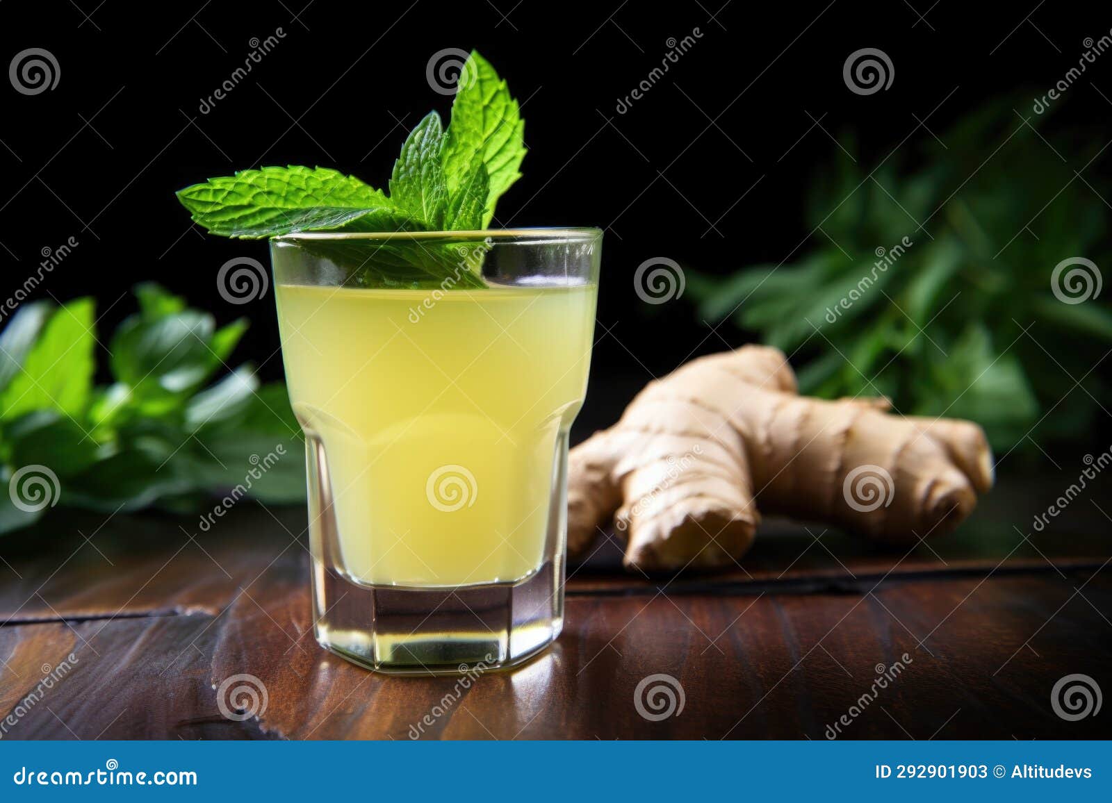 A Ginger Shot Surrounded by Green Mint Leaves Stock Image Image of