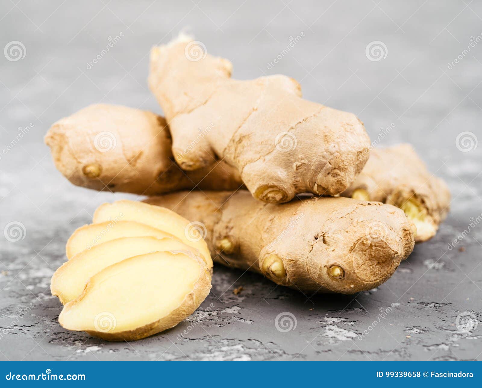 Ginger Slice and Ginger Root on Gray Background Stock Photo - Image of