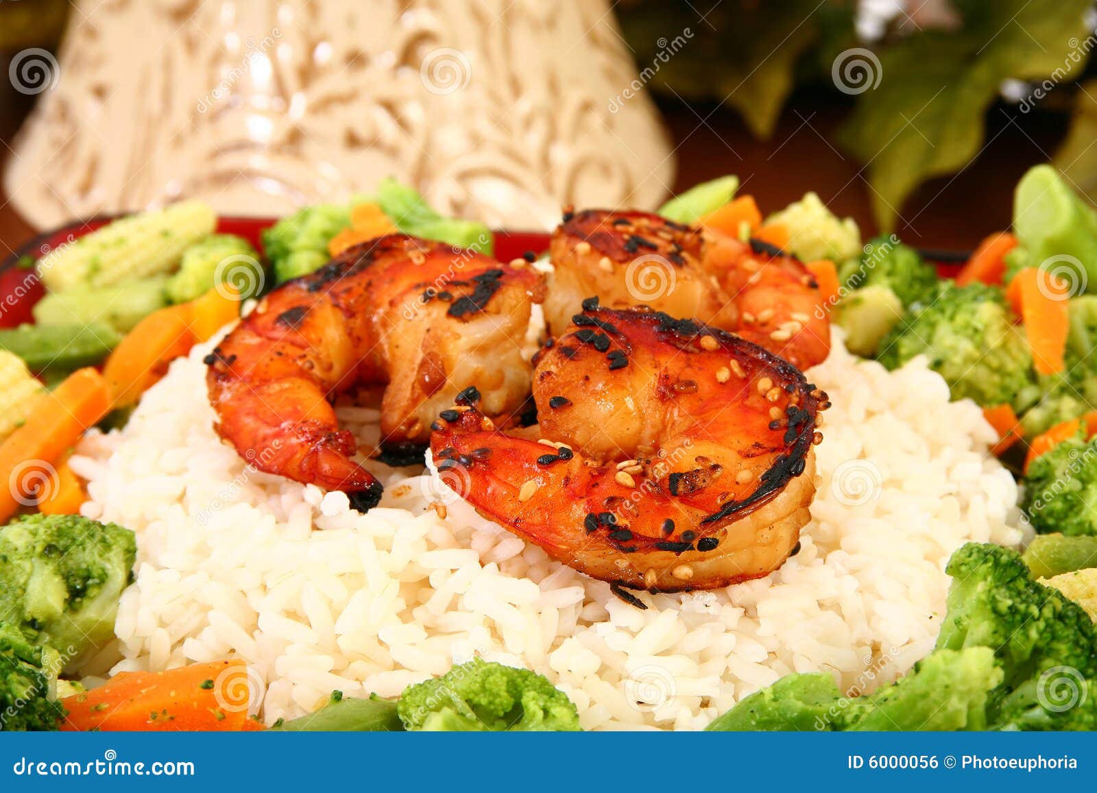 Ginger Teriyaki Shrimp with Rice and Veggies Stock Photo - Image of