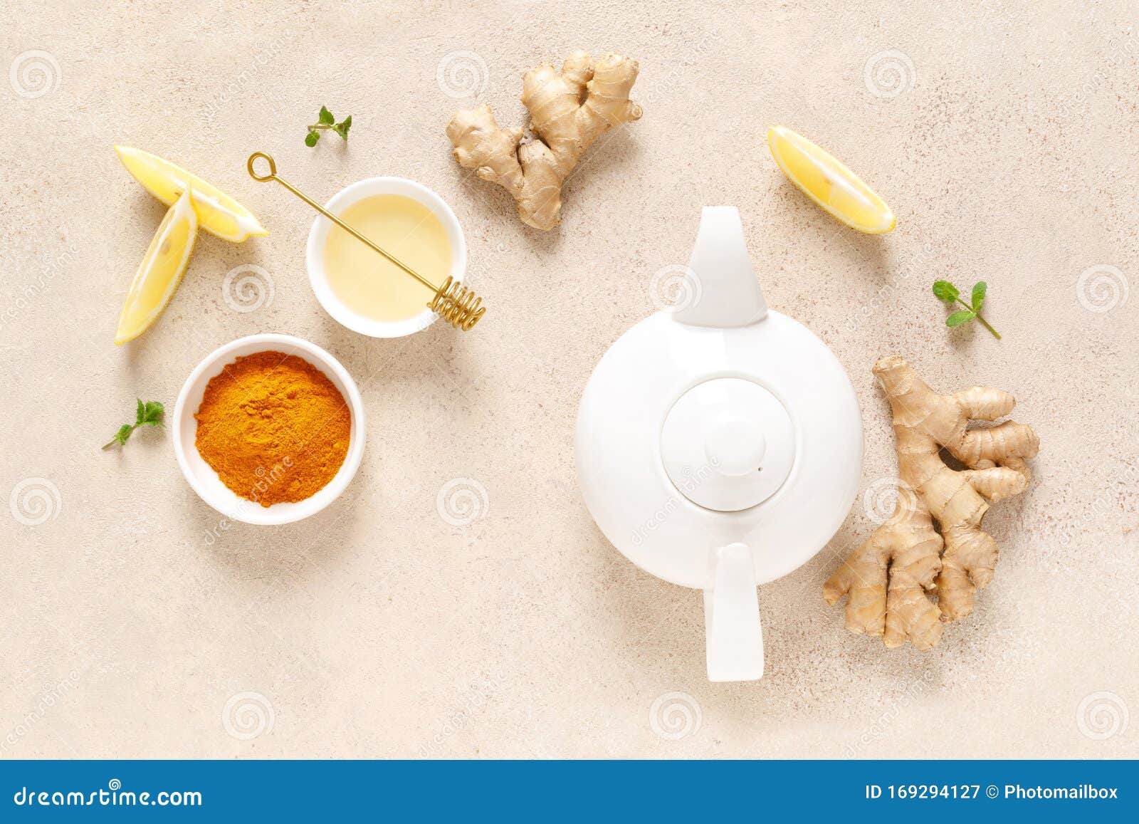 Ginger Turmeric Tea with Honey, Fresh Lemon and Mint Stock Image