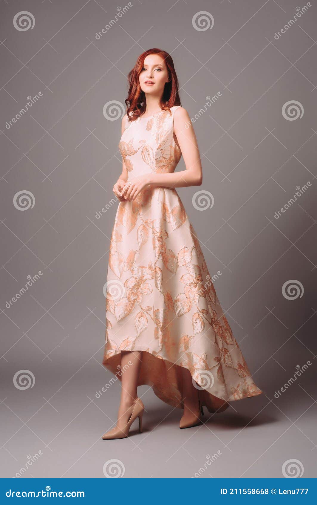 Beautiful Young Woman in White Evening Dress with Floral Print. Studio  Portrait of Ginger Girl in Evening Gown Stock Image - Image of event,  background: 209013297