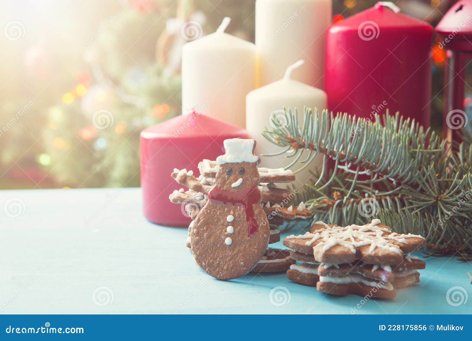 Gingerbread Christmas Tree on Blue Table Over Christmas Tree Stock