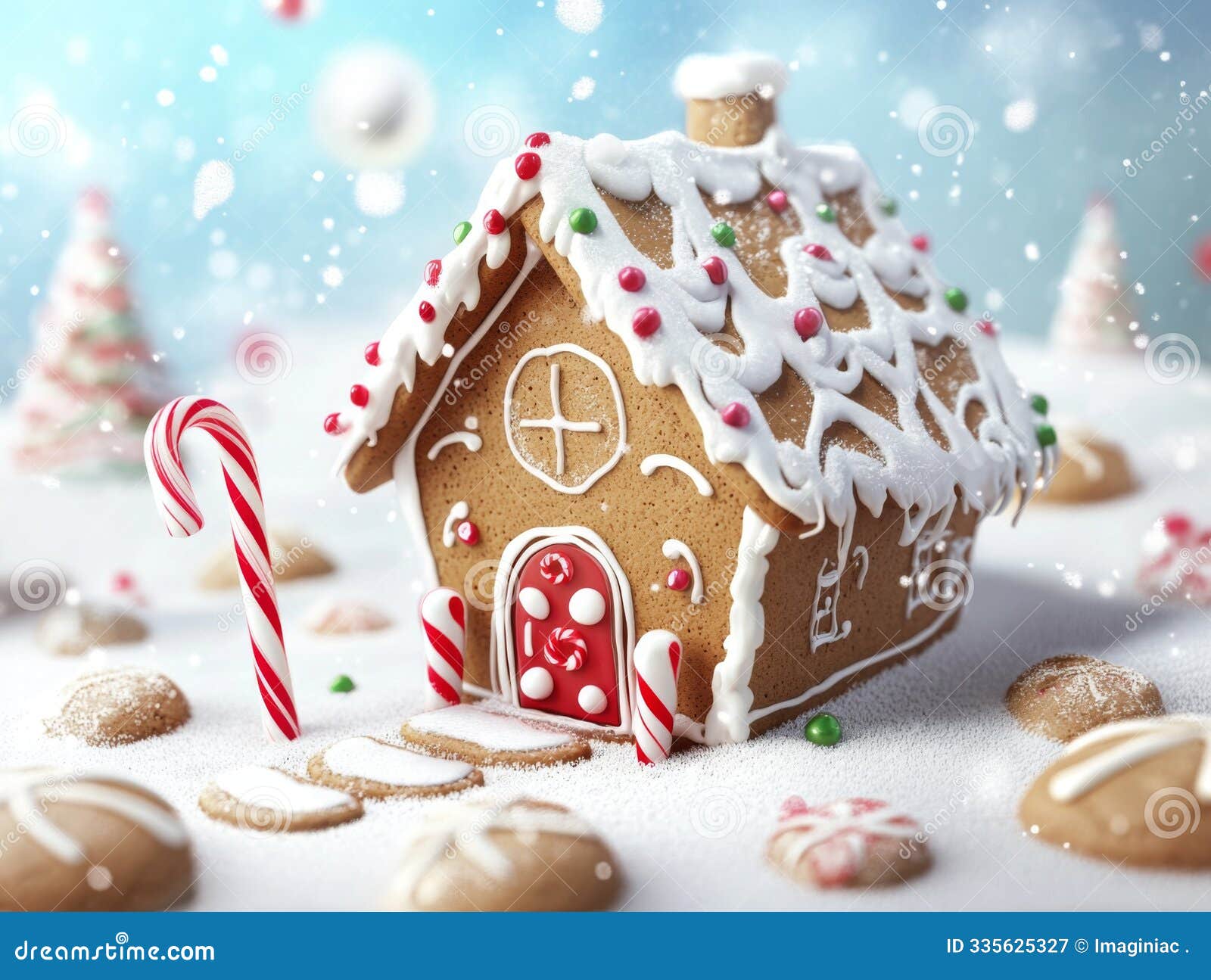 gingerbread house decorated with candy and icing in snowy setting