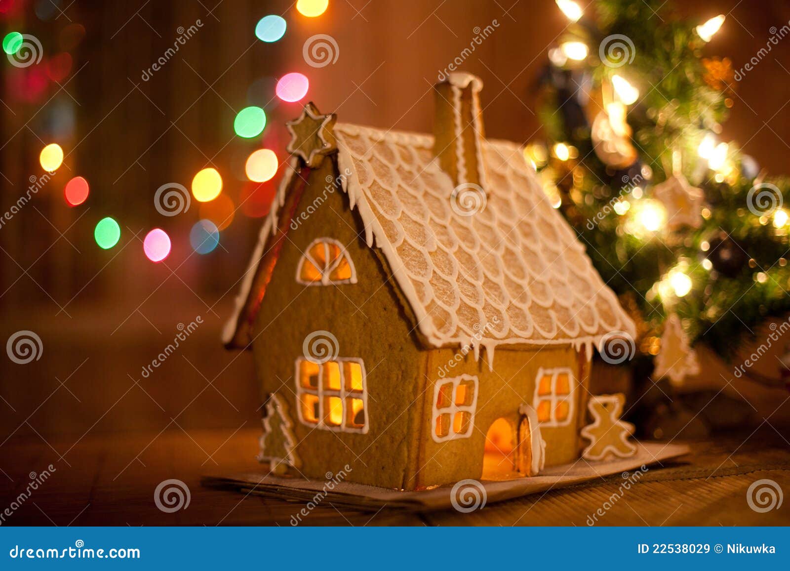 Gingerbread House with Lights Inside Stock Image Image of blue, food 22538029