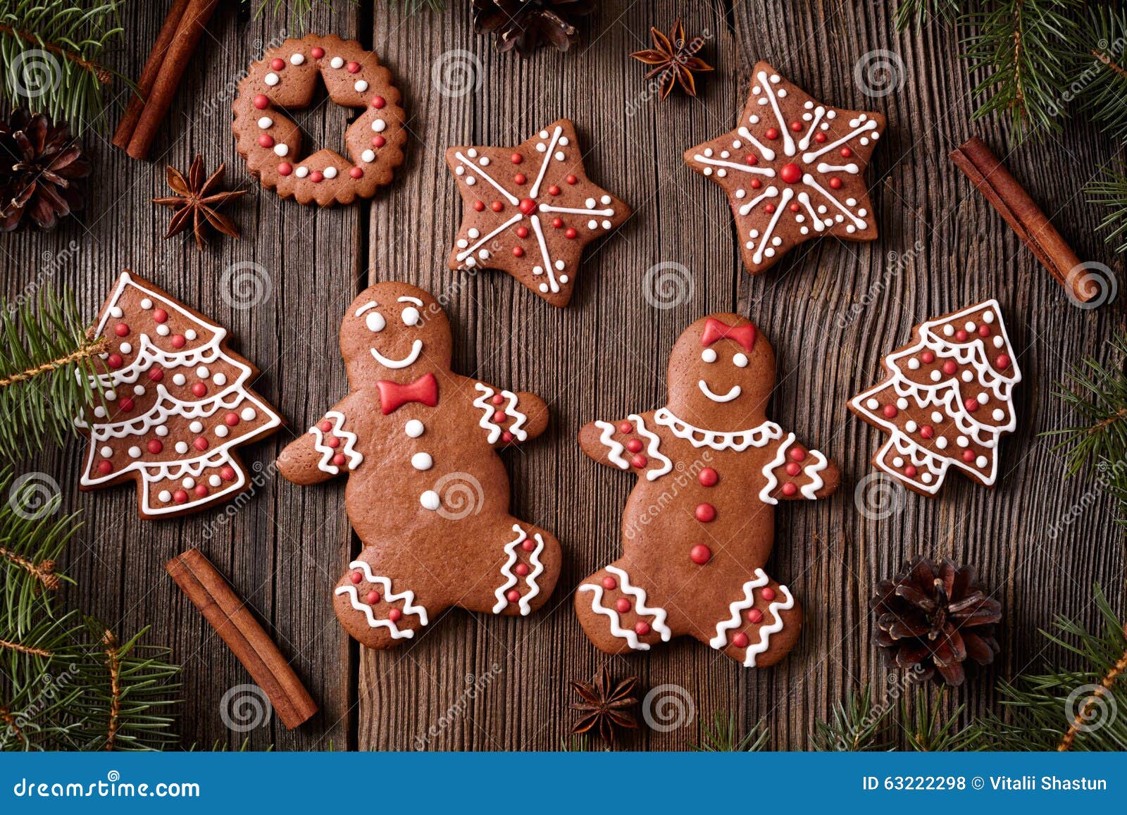 Gingerbread Man and Woman Couple, Fur Trees, Star Stock Photo - Image ...