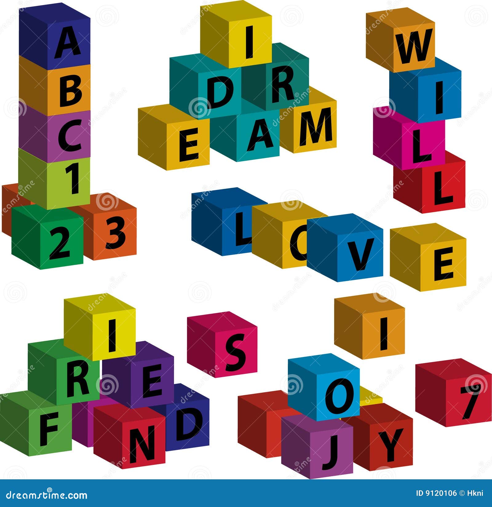 Giocando con i mattoni - 2. I blocchetti del giocattolo con le lettere che formano le parole amano, sogno, l'amico, la gioia