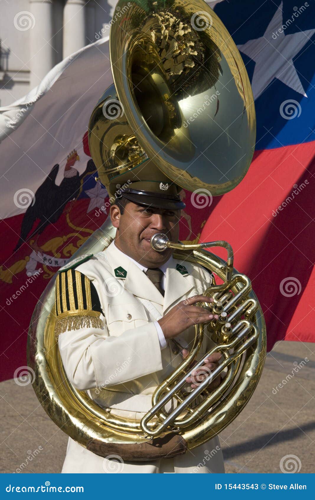 Giocatore del Tuba in fascia presidenziale - Cile. Giocatore del Tuba nella fascia presidenziale di Carabineros_de_Chile al palazzo presidenziale a Santiago nel Cile centrale