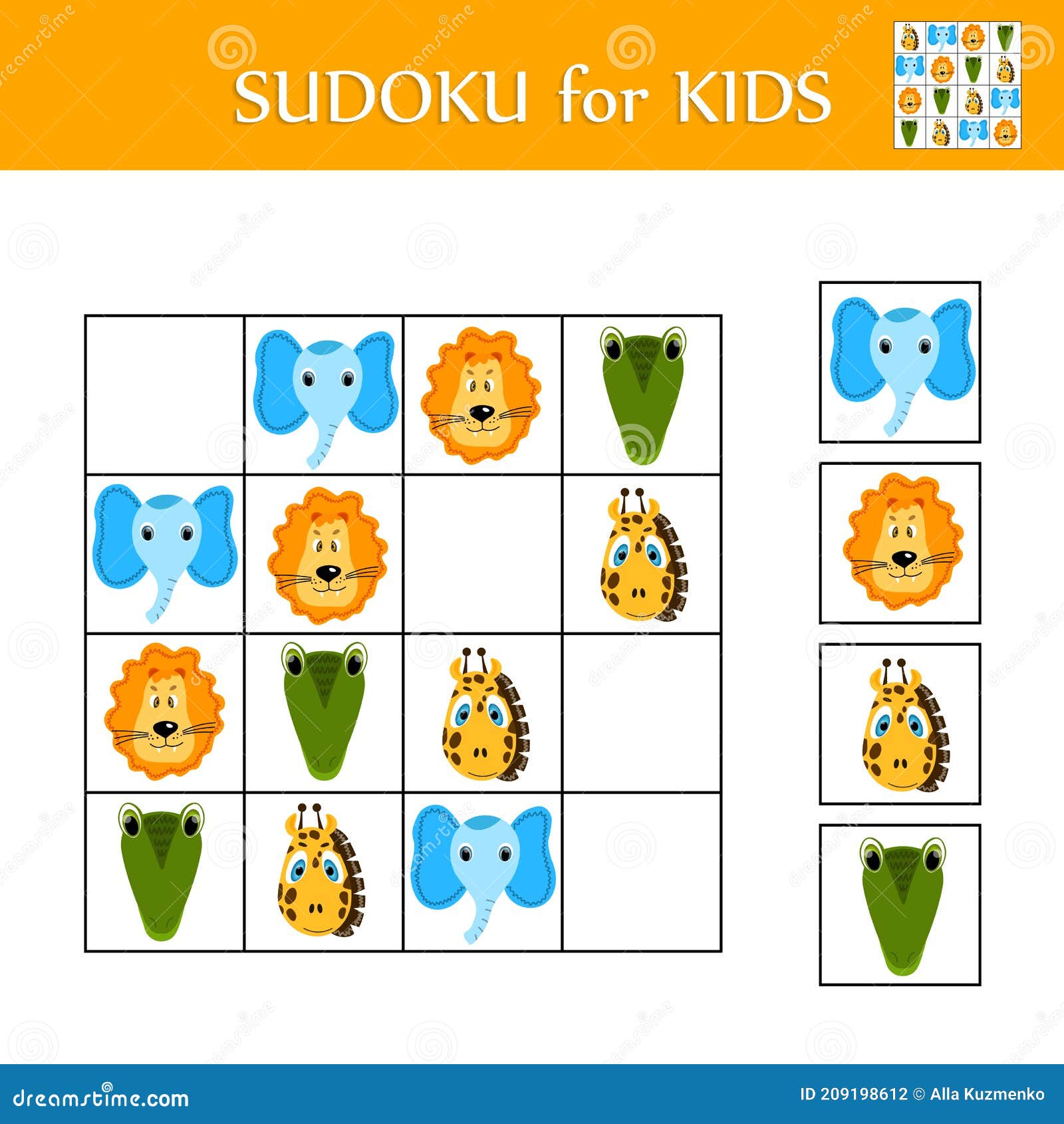 Gioco Del Sudoku Per Bambini Con Immagini. Foglio Attività Figli Logica.  Animali Carini Colorati. Tessera Scolastica Per Bambini Illustrazione  Vettoriale - Illustrazione di sfida, segato: 209198612