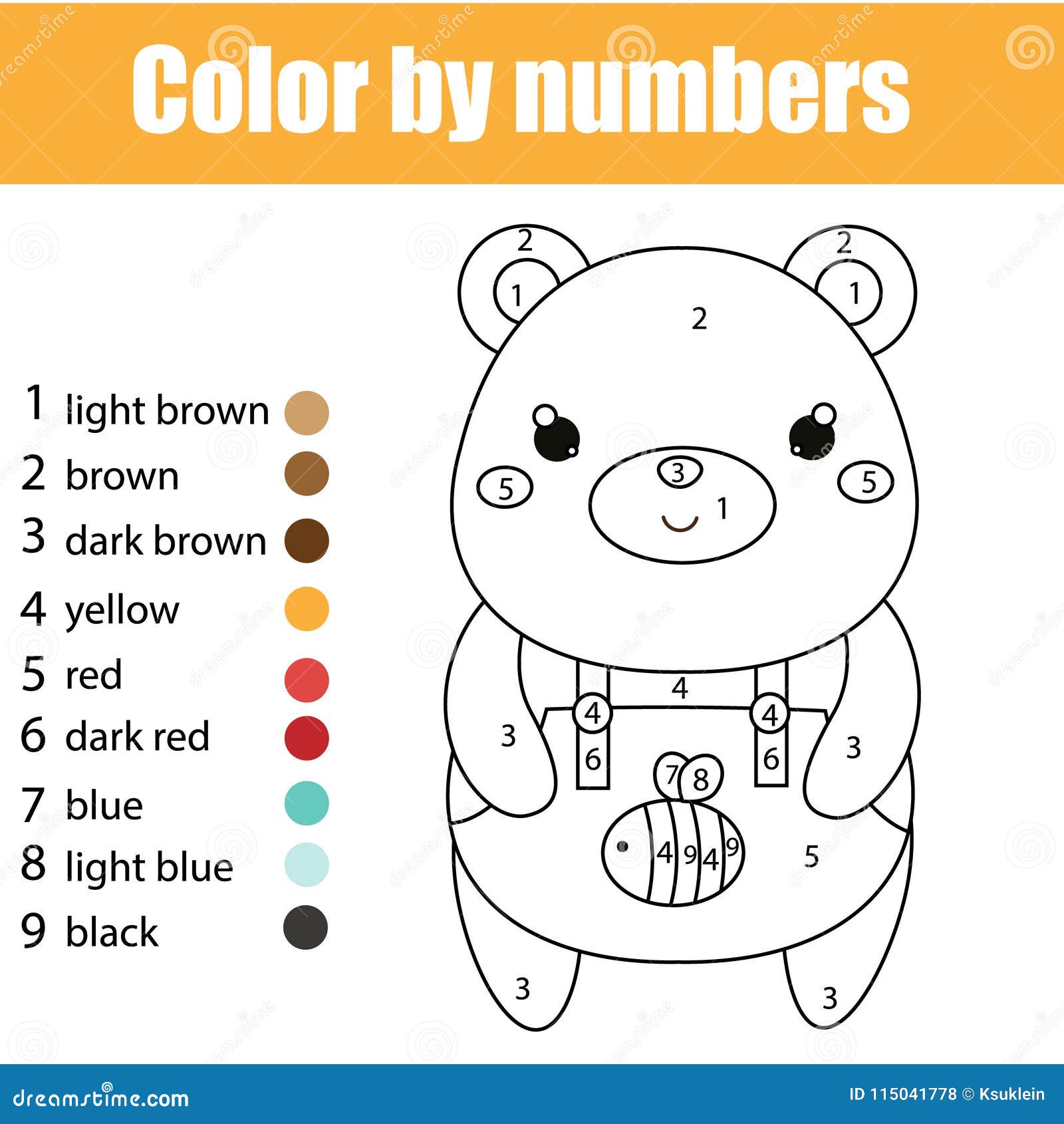 Gioco educativo dei bambini Pagina di coloritura con l'orso sveglio Colore dai numeri, attività stampabile. Gioco educativo dei bambini Pagina di coloritura con l'orso sveglio Colore dai numeri, dall'attività stampabile, dal foglio di lavoro per i bambini e pre dall'età scolare Tema degli animali