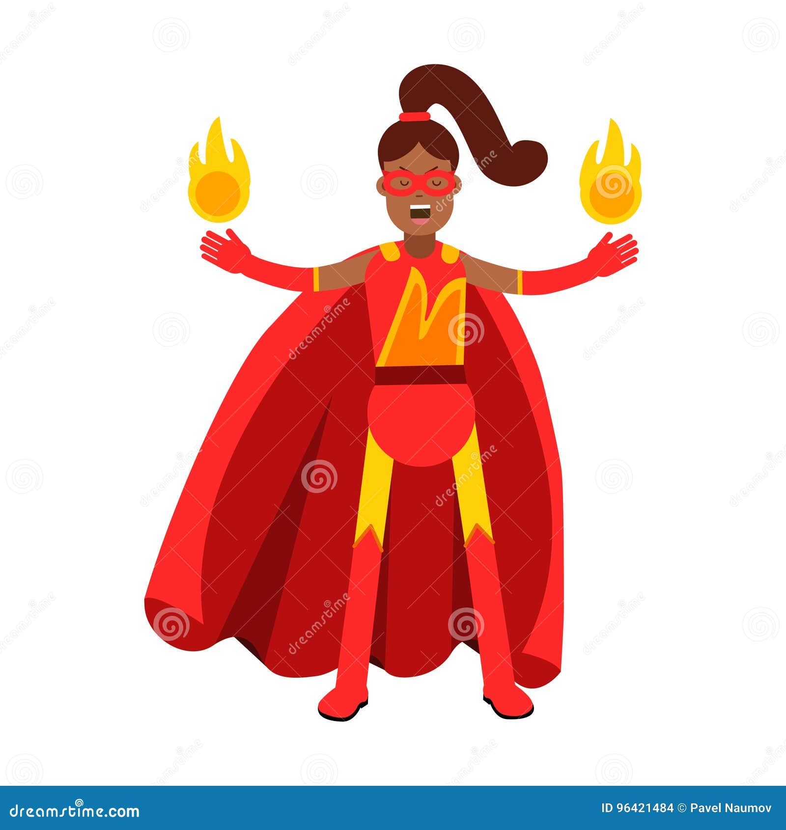 Giovane Donna Di Colore in Costume Rosso Classico Del Supereroe Con Fuoco  Nella Sua Illustrazione Delle Mani Illustrazione di Stock - Illustrazione  di mantello, eroina: 96421484