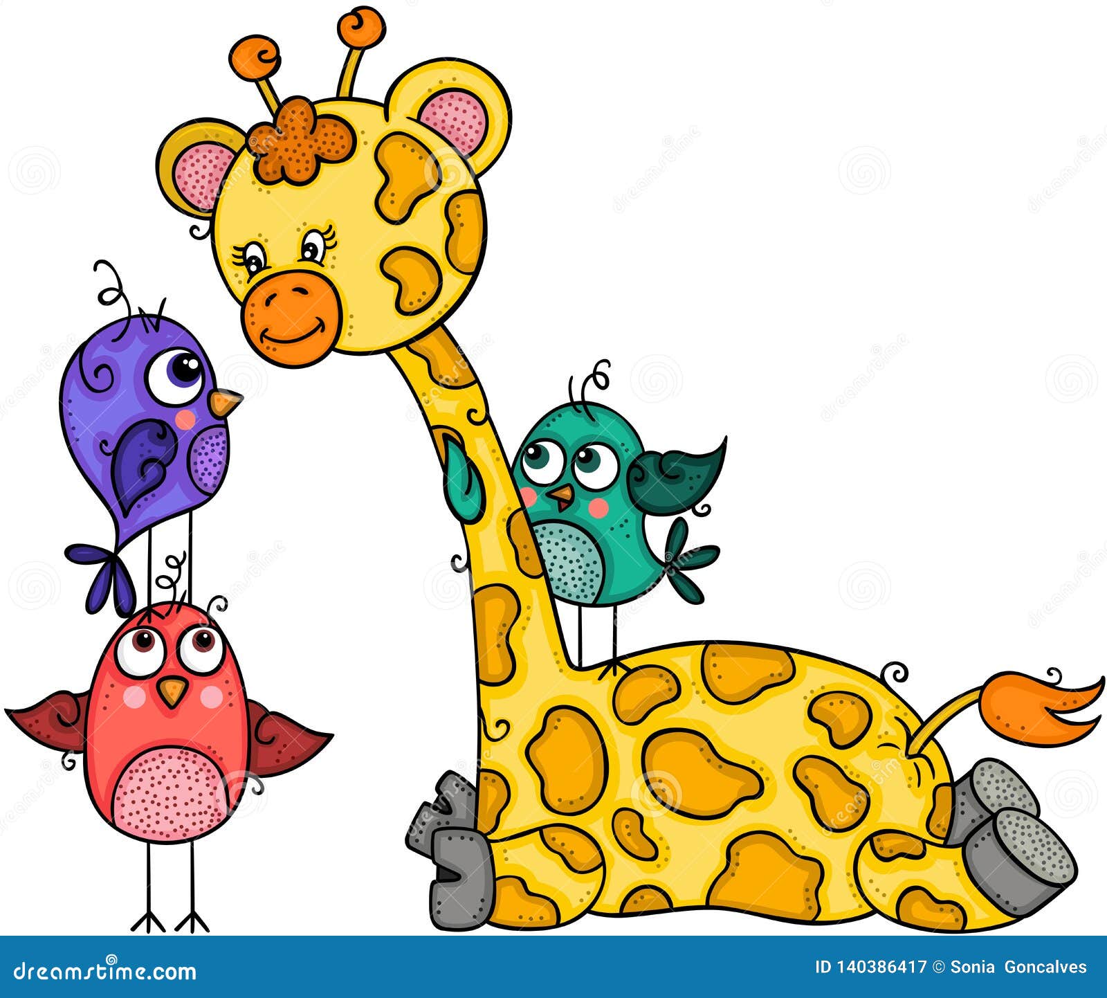 Vettoriale evolutivo rappresentando una giraffa sveglia con tre uccelli, elemento per progettazione, illustrazione isolata su fondo bianco