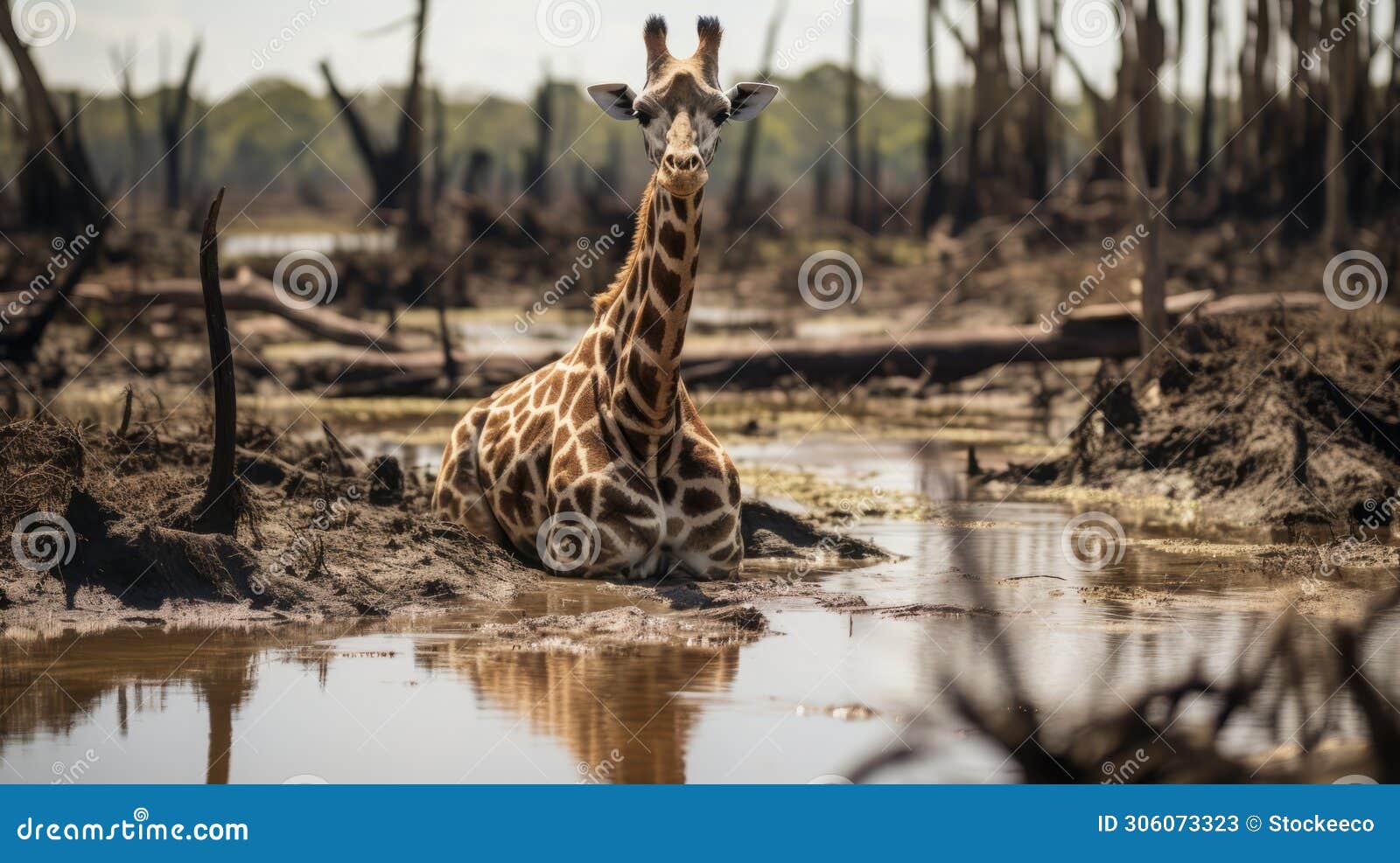 giraffe resting in water: a captivating 8k resolution photograph