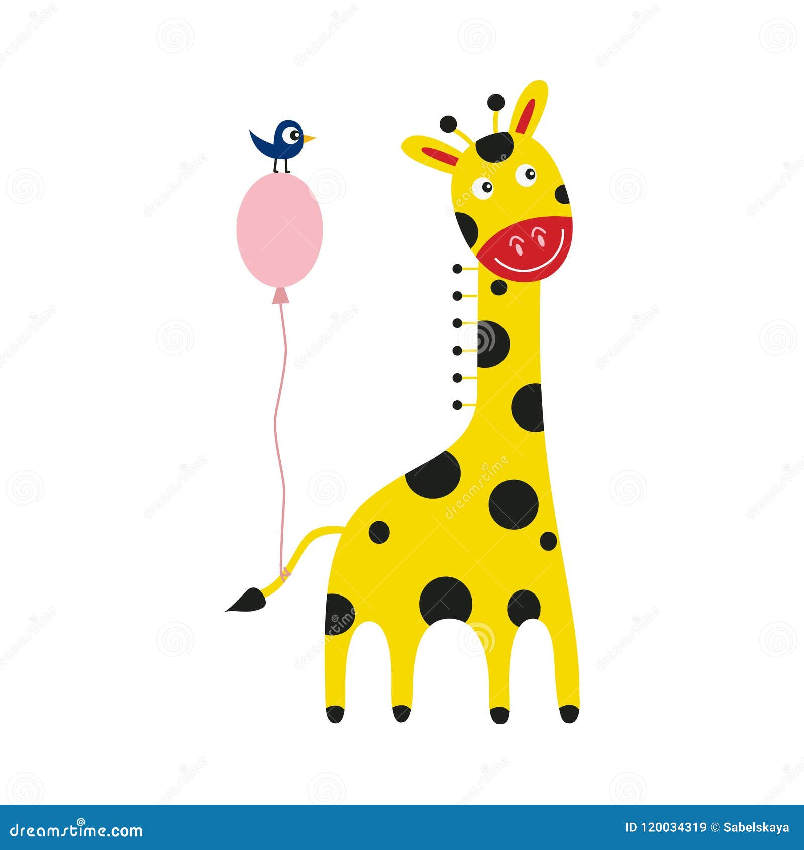 Giraffe Cartoon Character with Pink Balloon Tied To Tail and Little Bird  Isolated on White Background. Stock Vector - Illustration of balloon,  funny: 120034319