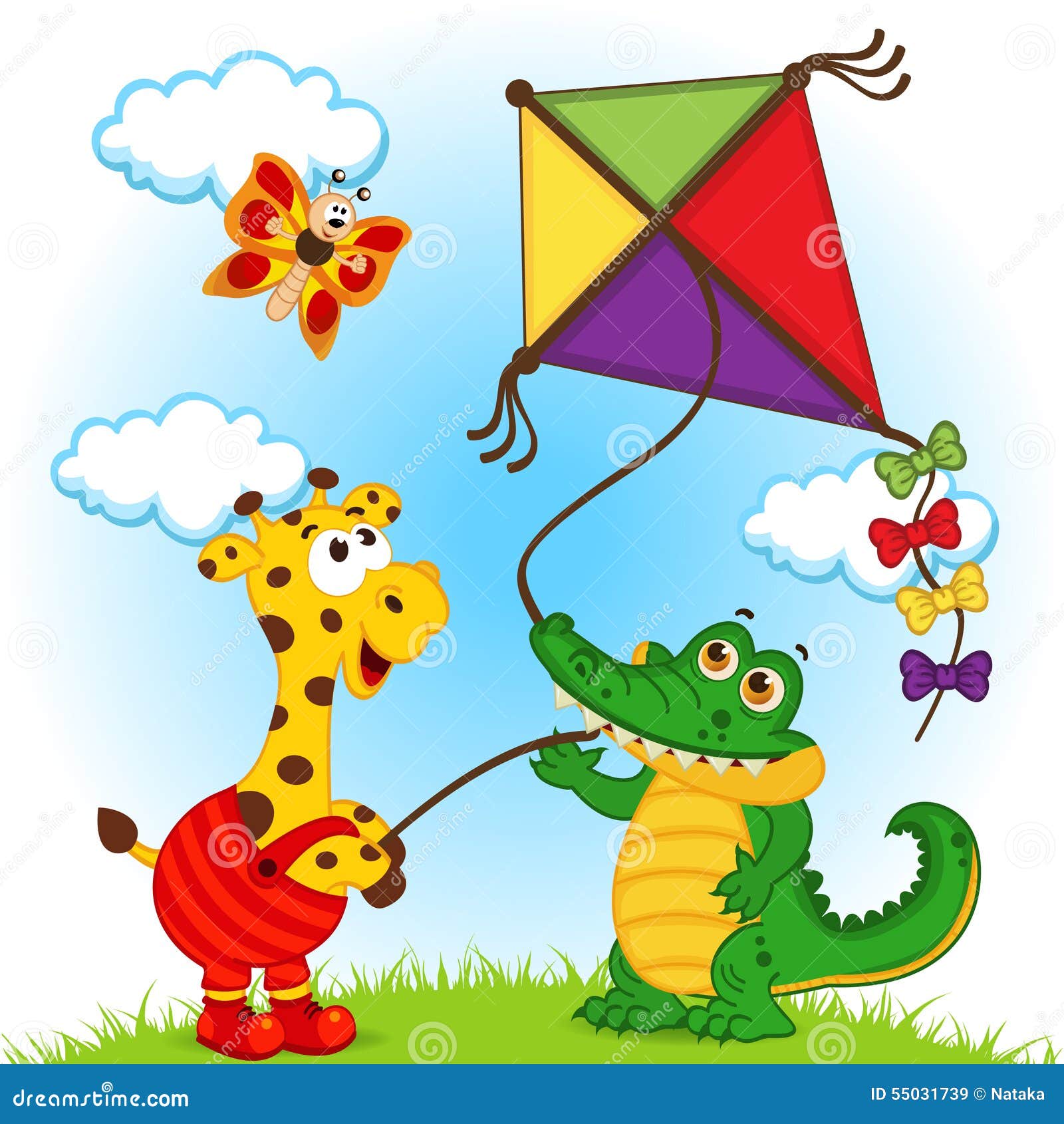 giraffe and crocodile launching a kite