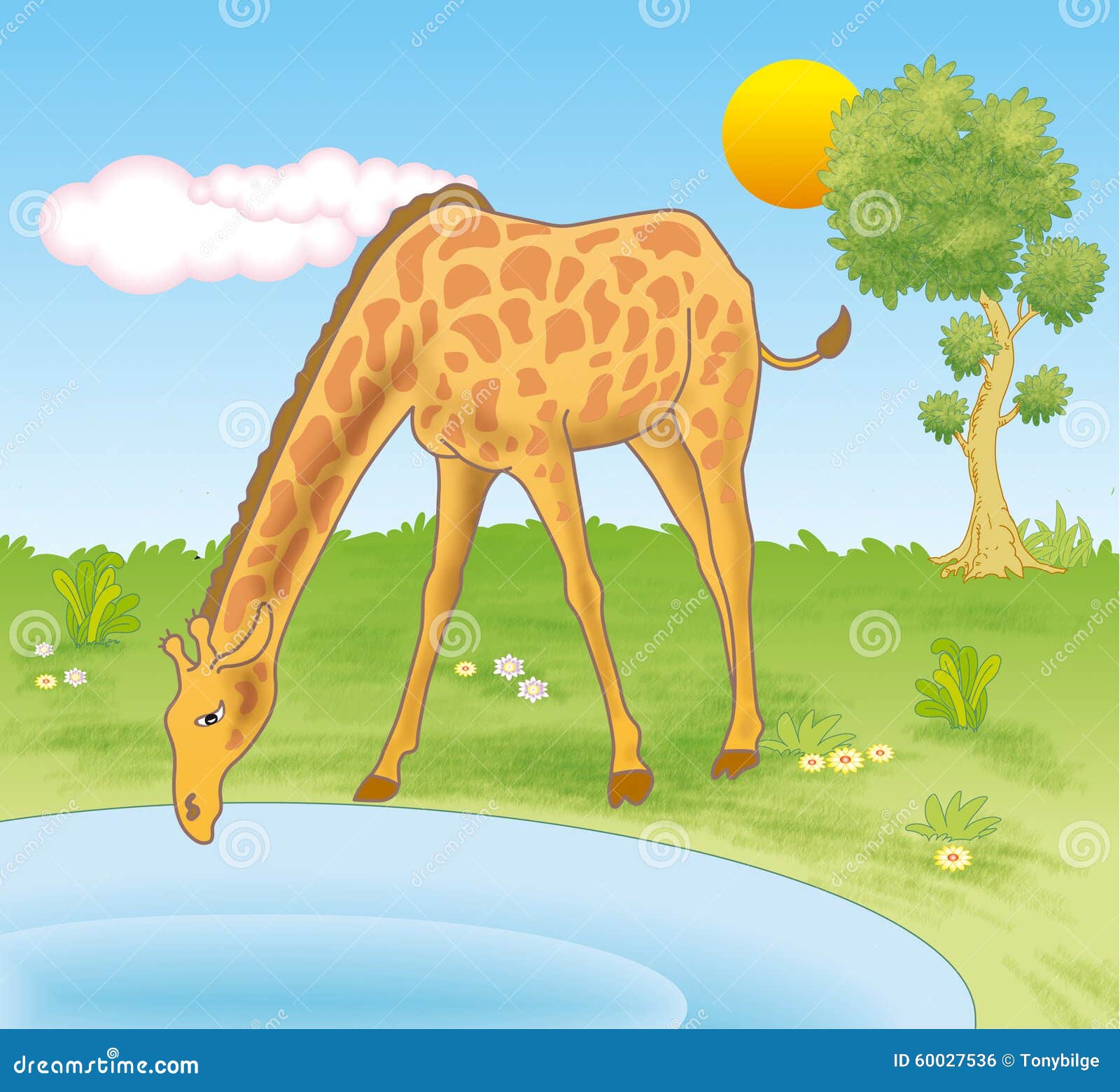 Giraffe Drinking from a Pool Stock Illustration - Illustration of flora,  game: 60027536