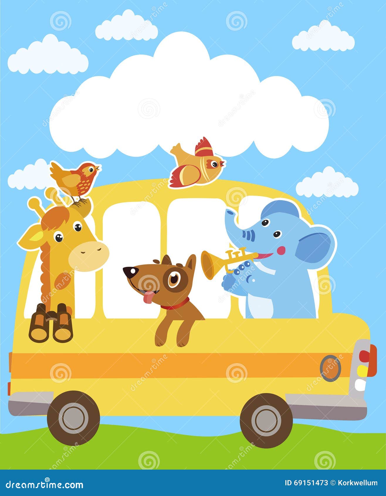 Giraffe. Elephant. Dog. Animals on the Yellow Bus. Funny Animals Party.  Stock Vector - Illustration of ornate, album: 69151473