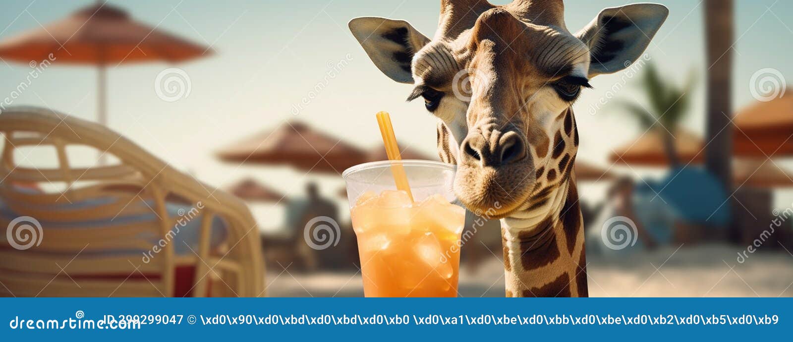 Giraffe in Glasses on the Beach Drinking a Cocktail.Generative AI Stock