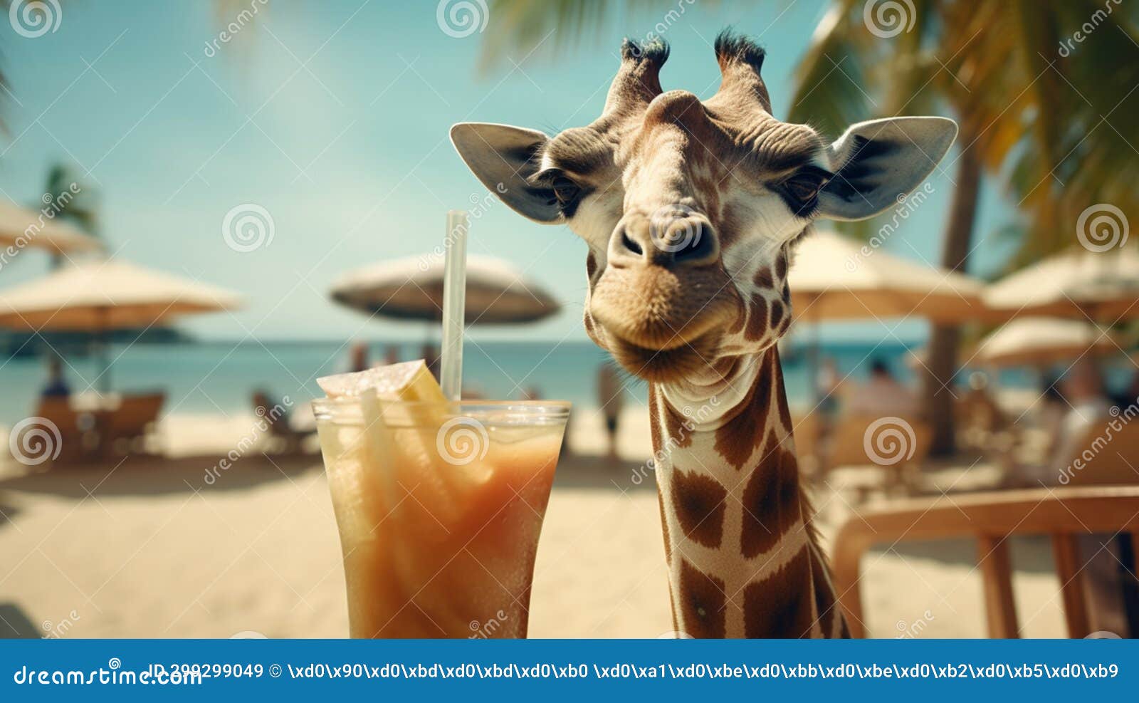 Giraffe in Glasses on the Beach Drinking a Cocktail.Generative AI Stock