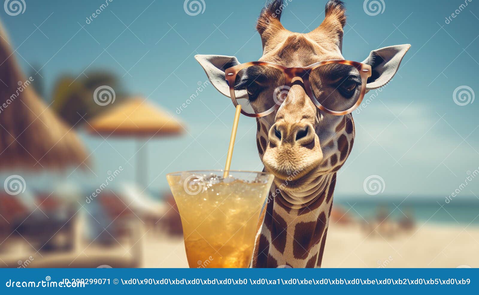 Giraffe in Glasses on the Beach Drinking a Cocktail.Generative AI Stock