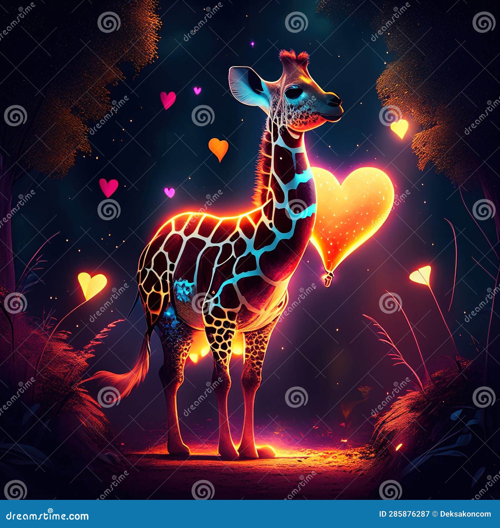 Giraffe Hugging Heart Giraffe with Heart in the Forest. 3d Illustration