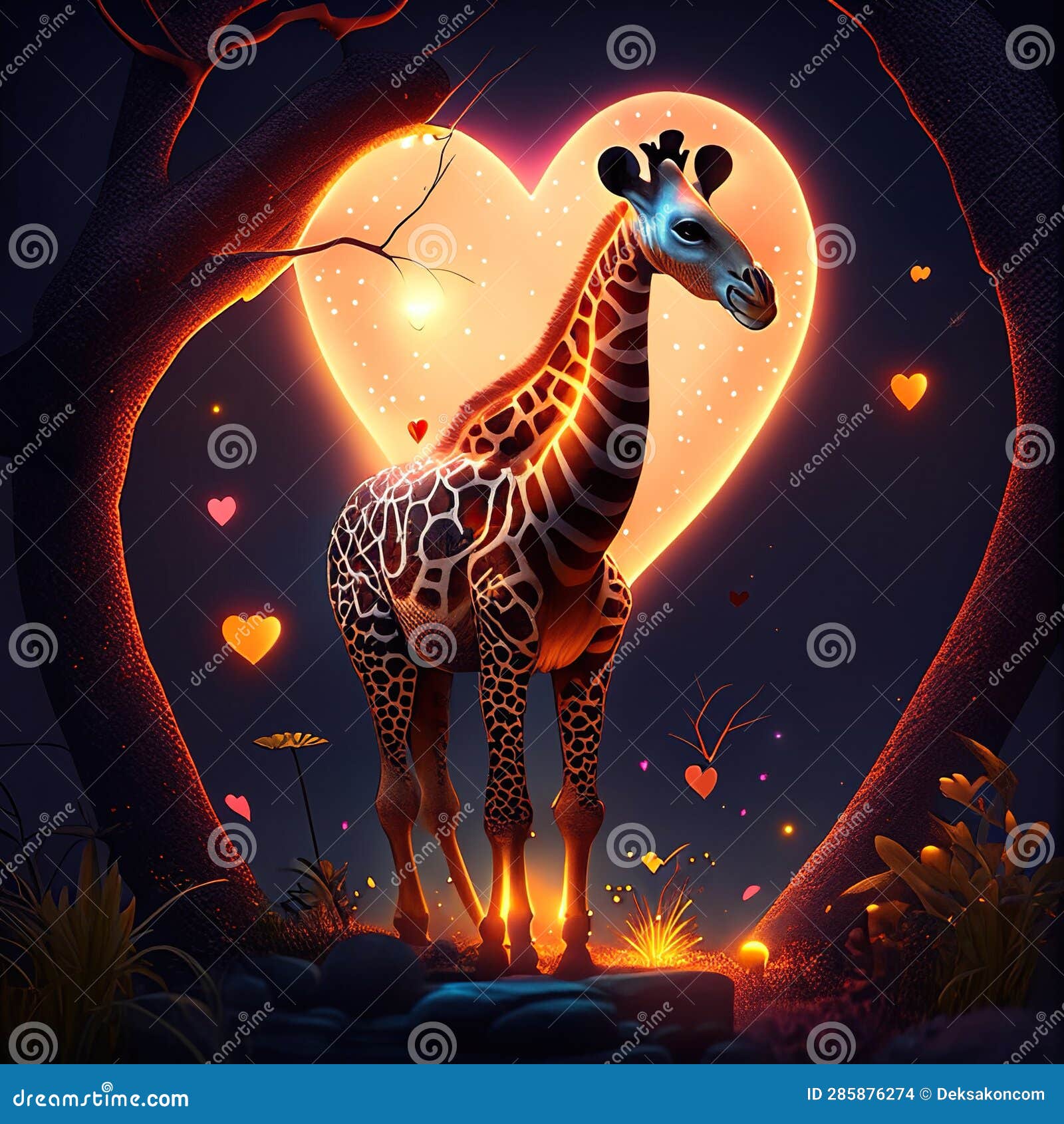 Giraffe Hugging Heart Giraffe in a Heart-shaped Tree at Night