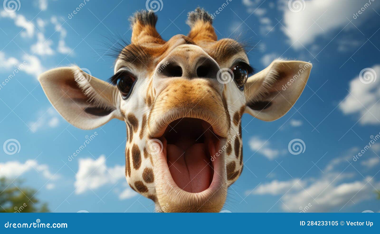 A Giraffe with Its Mouth Open Closeup. Generative AI. Stock