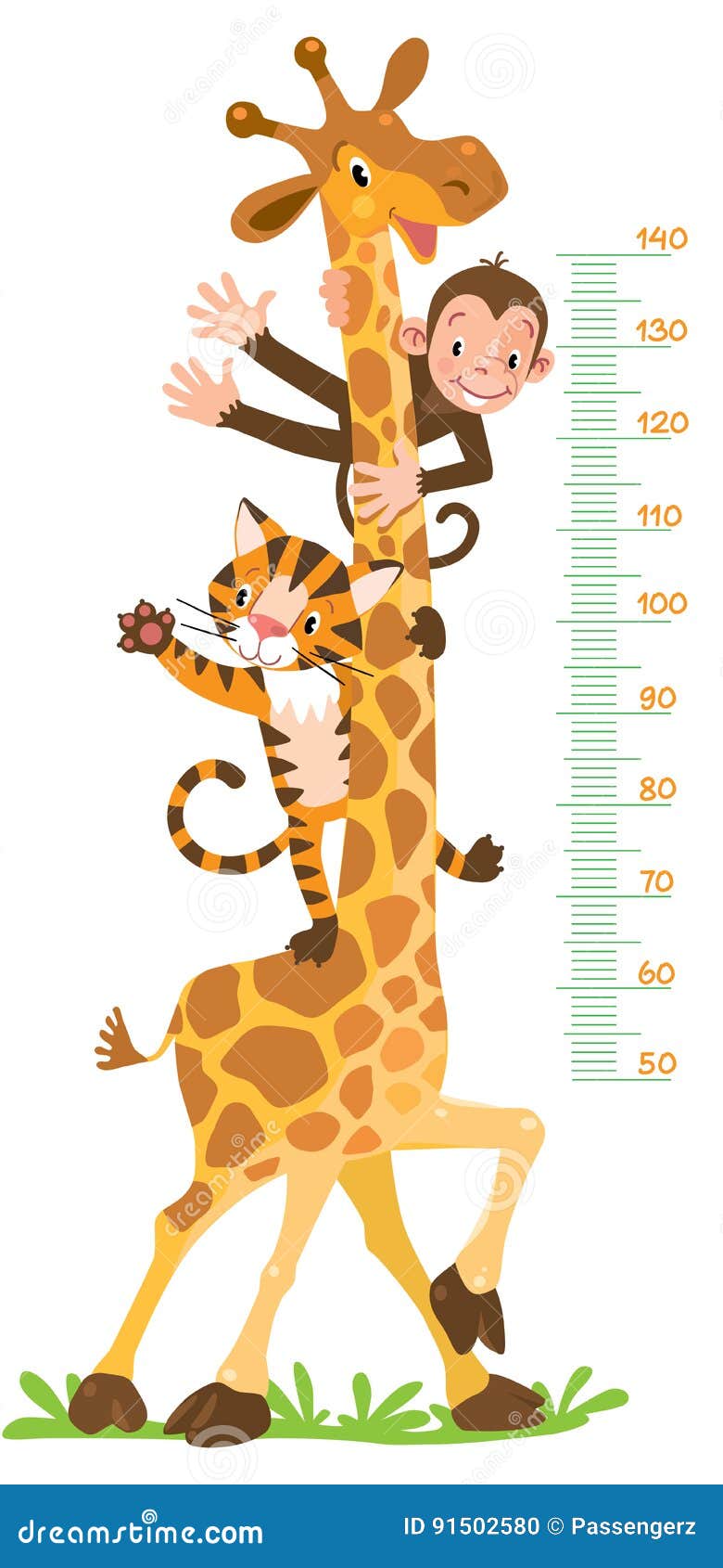 Giraffe, Monkey, Tiger. Meter Wall Or Height Chart Vector Illustration