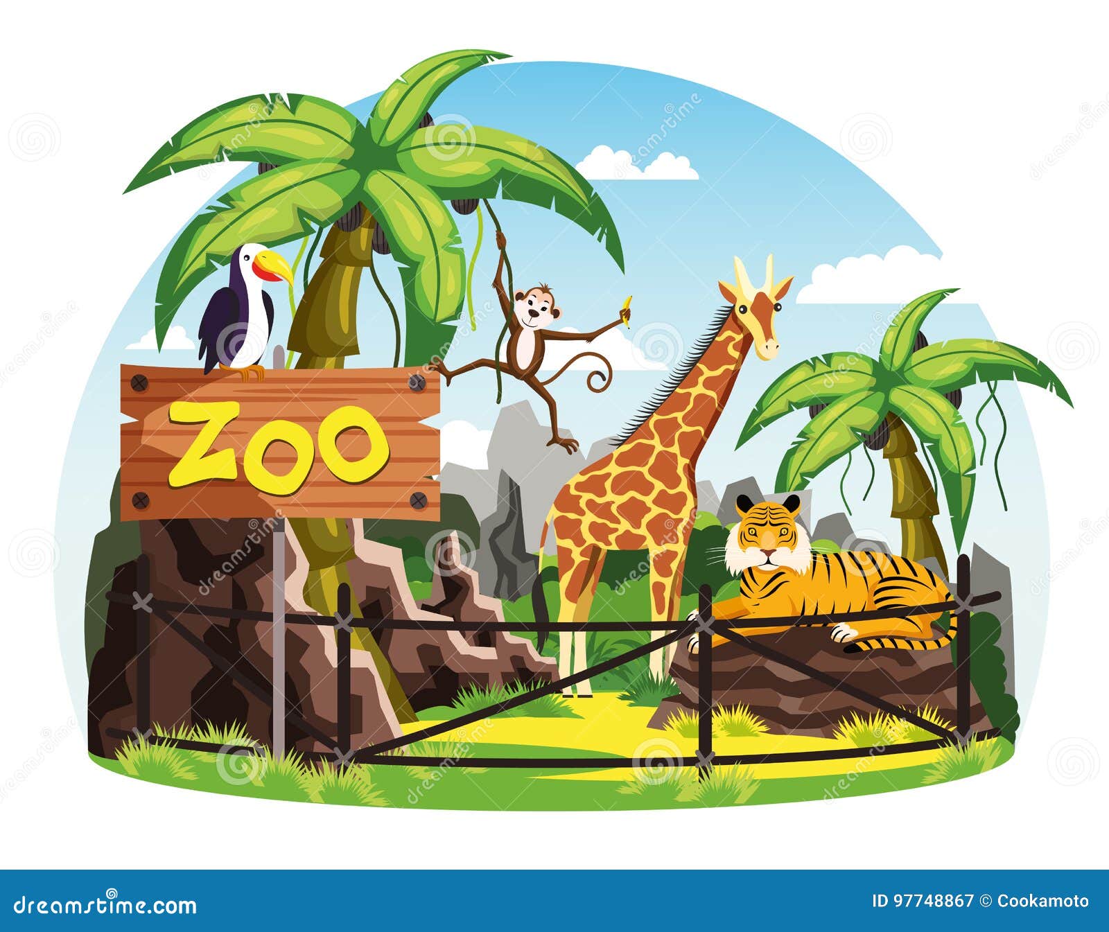 giraffe and monkey, tiger and toucan at zoo