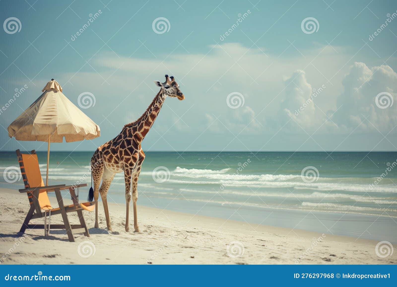 A Giraffe Relaxing on a Beach on a Summer Vacation. Generative Ai Stock
