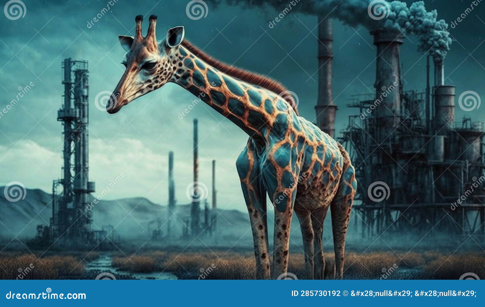 Giraffe Standing in Front Toxic Mass from Chemical. Generative AI Stock