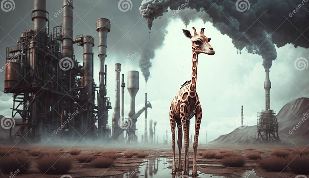 Giraffe Standing in Front Toxic Mass from Chemical. Generative AI Stock