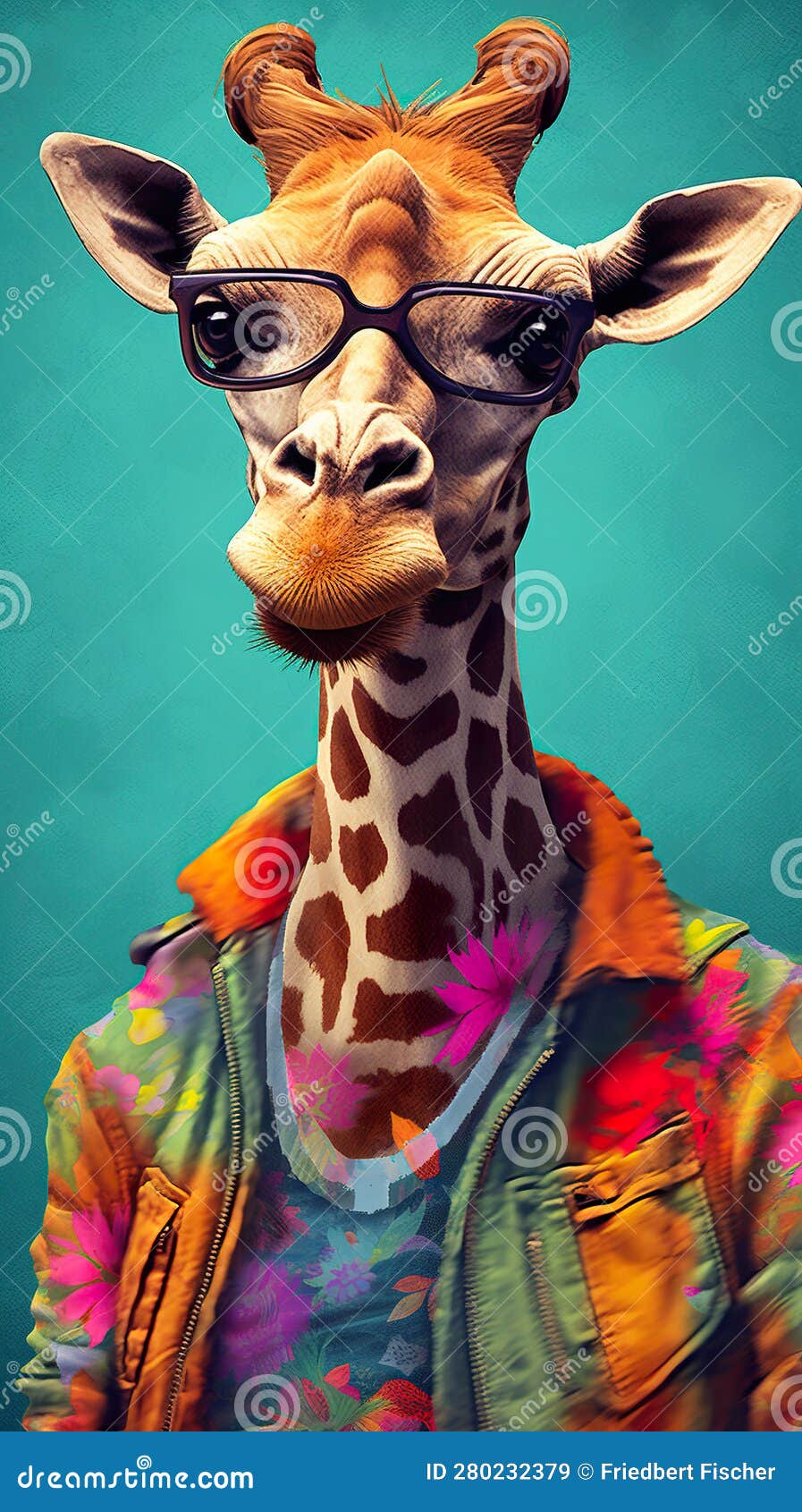 A Giraffe Wearing Glasses and a Jacket. Generative AI Image. Stock