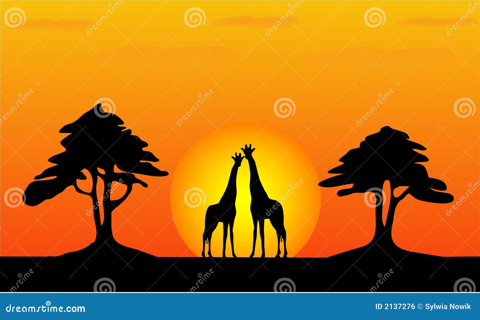 Safari Sunset Tree Silhouette With Giraffe Kenya Royalty-Free Stock