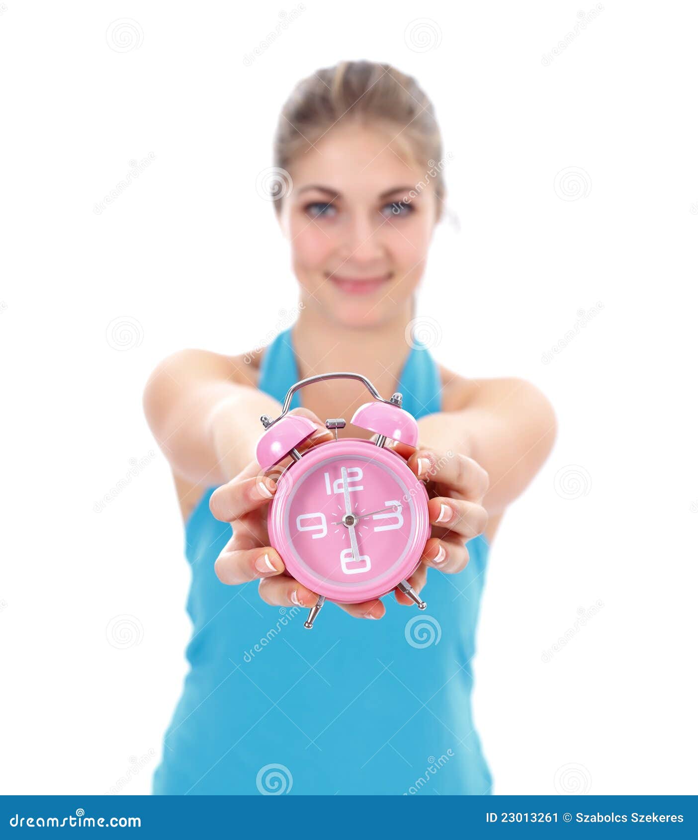 Girl with alarm clock stock image. Image of time, face 23013261