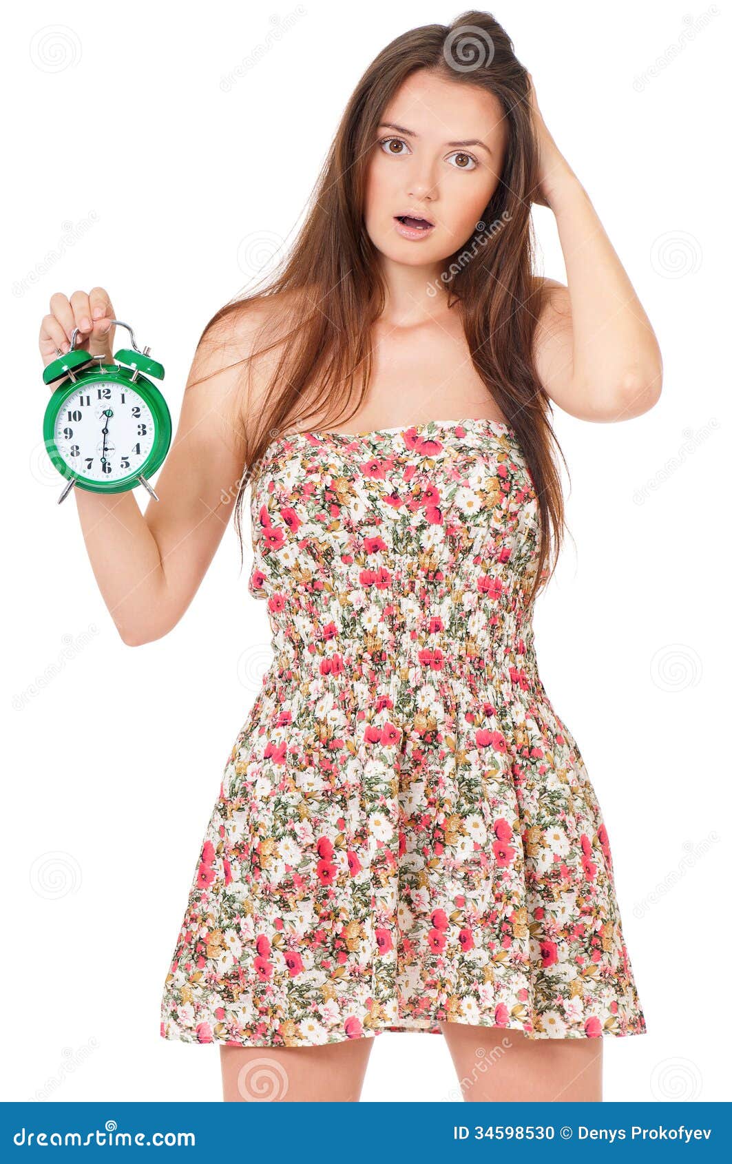 Girl with alarm clock stock photo. Image of illness, awake 34598530