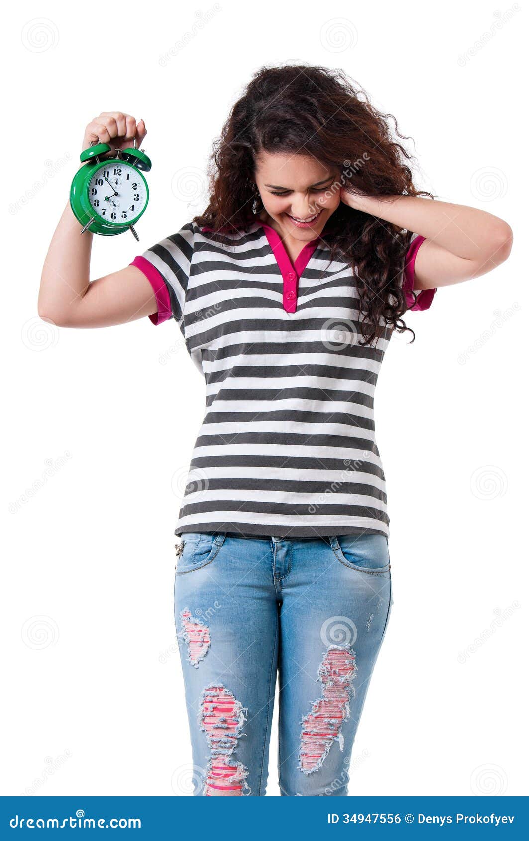 Girl with alarm clock stock photo. Image of female, sleep 34947556