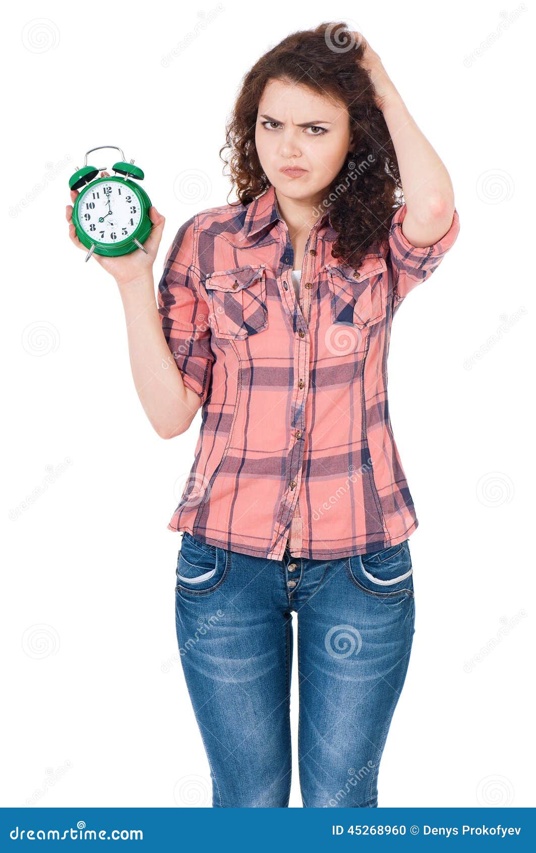 Girl with alarm clock stock photo. Image of awake, green 45268960
