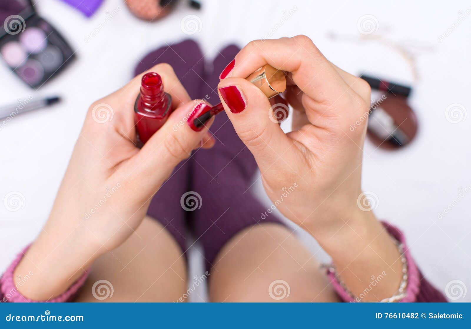Girl Applying Nail Polish in Bed Stock Photo - Image of alone, polish ...