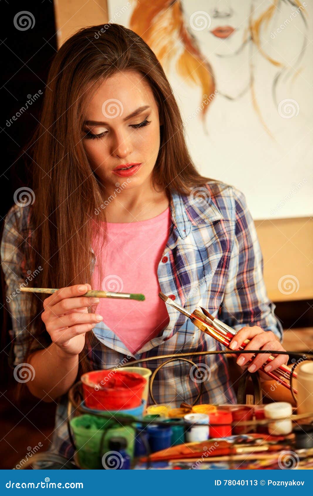 Girl Artist Paints with Painting Brush Stock Image - Image of jeans ...