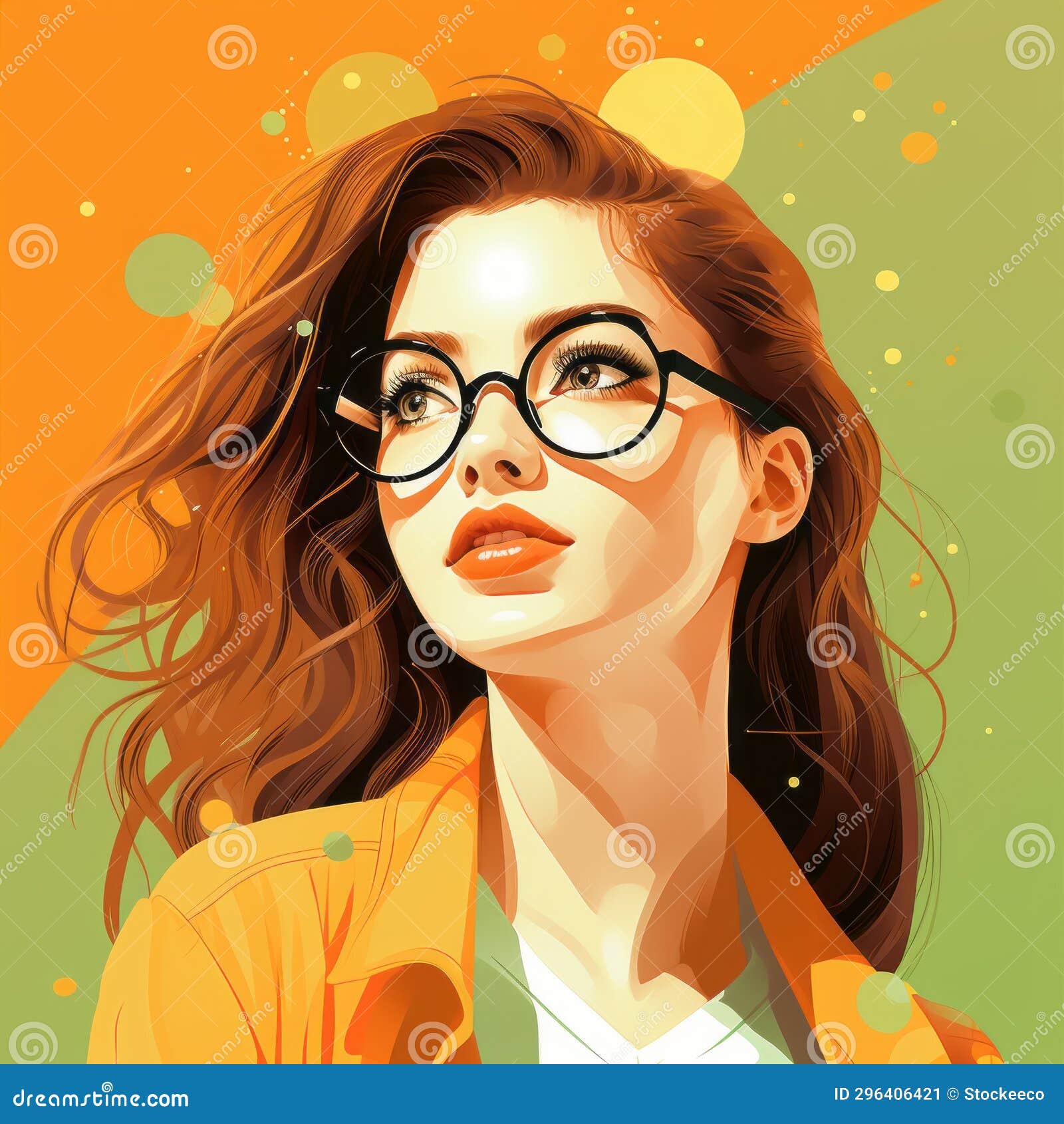 Vibrant Comics: Illustration of a Dreamy Woman in Glasses and Orange ...