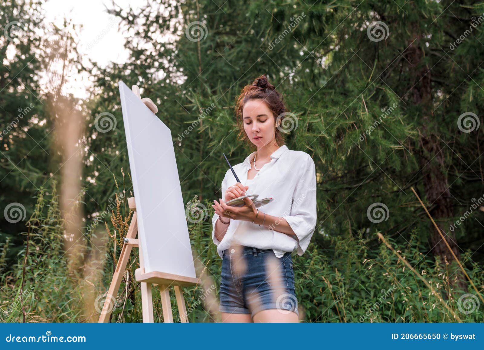 Girl Artist, Woman Draws a Picture, Summer in Park, White Shirt Denim ...