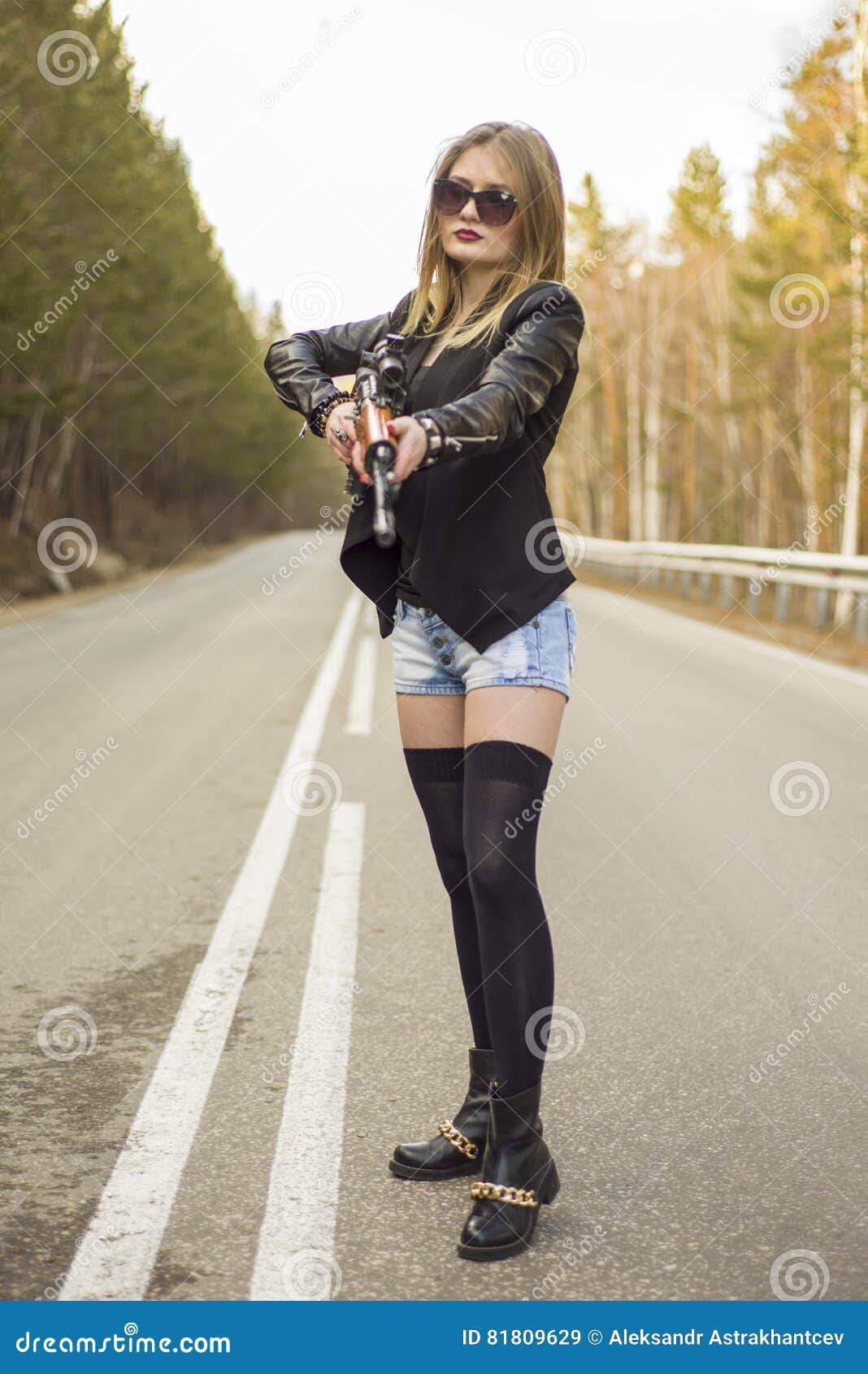 Girl Assassin Waiting for His Victim on the Road. Stock Image - Image ...