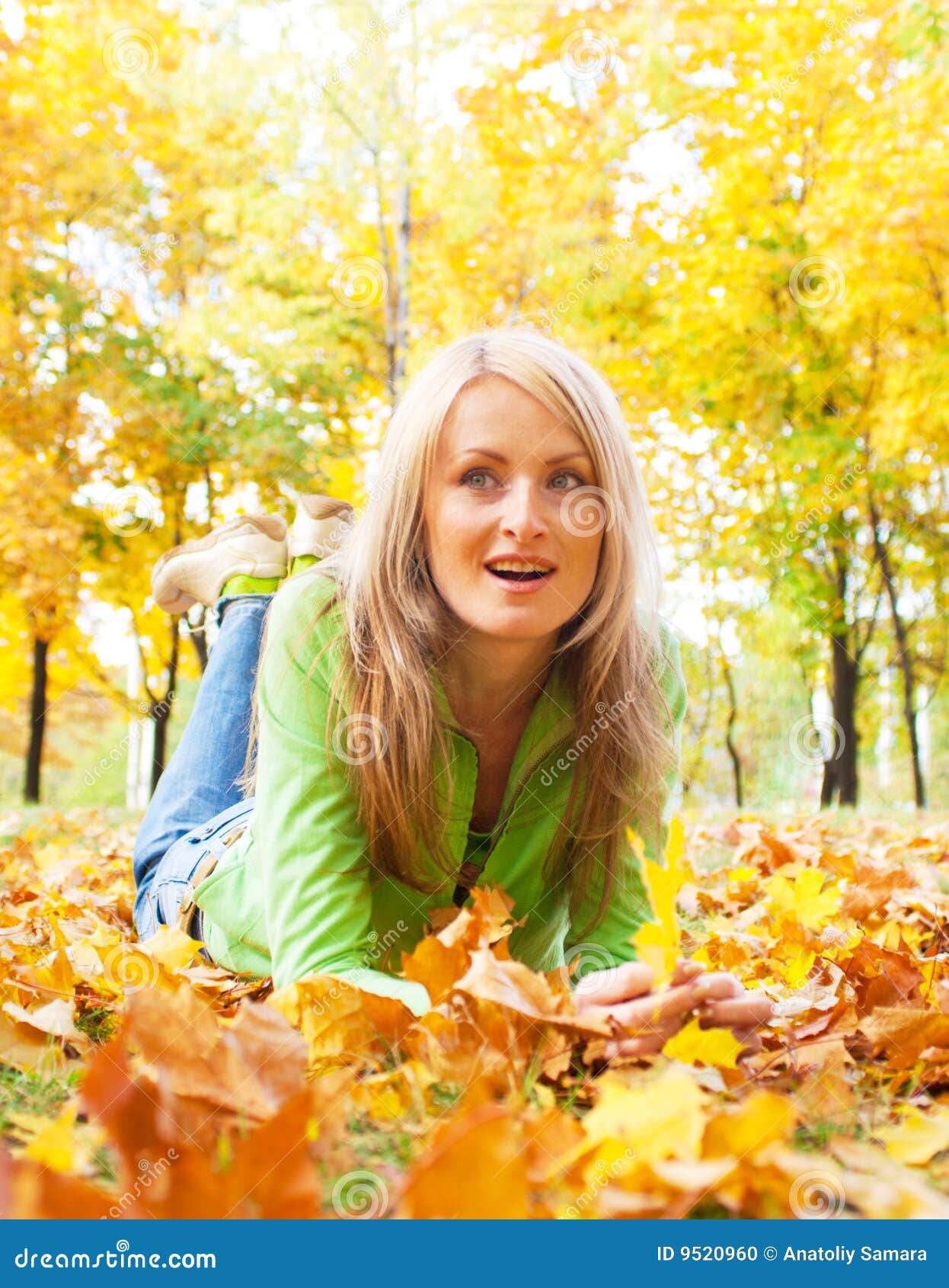 Girl on autumn leaves stock photo. Image of golden, green - 9520960
